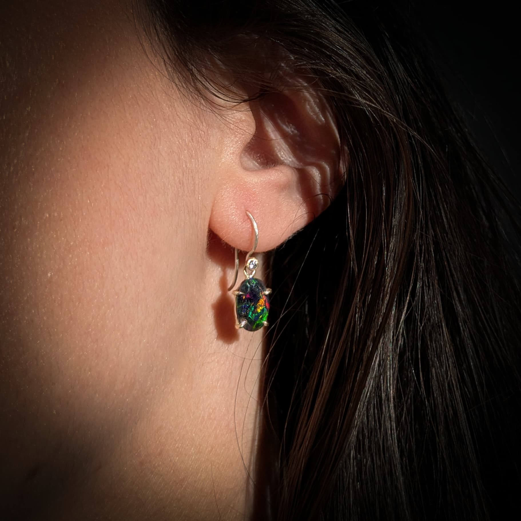 Black Opal + Diamond Earrings Gold Silver Handmade