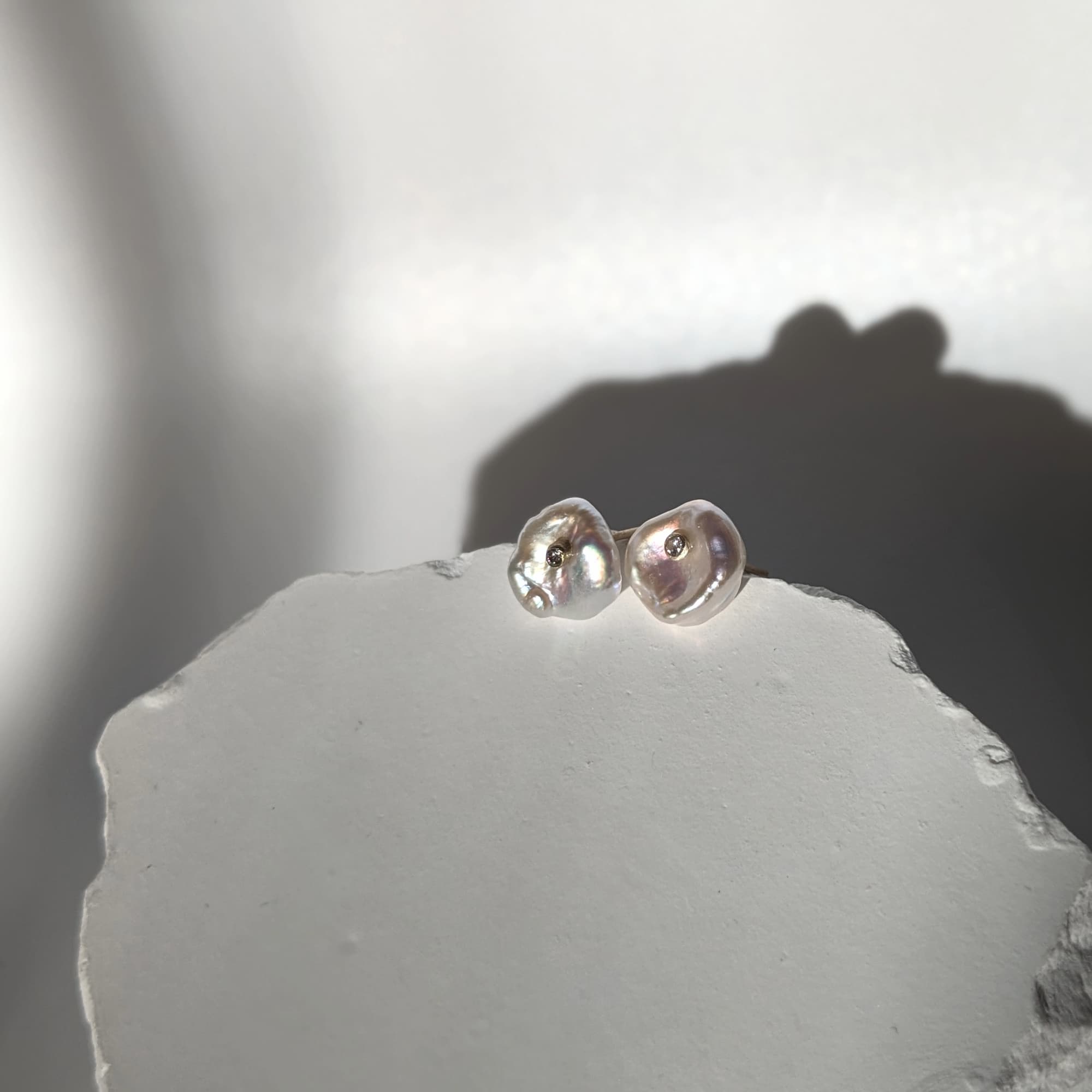 Diamond Keshi Pearl Stud Earrings 14k 18k Gold Handmade