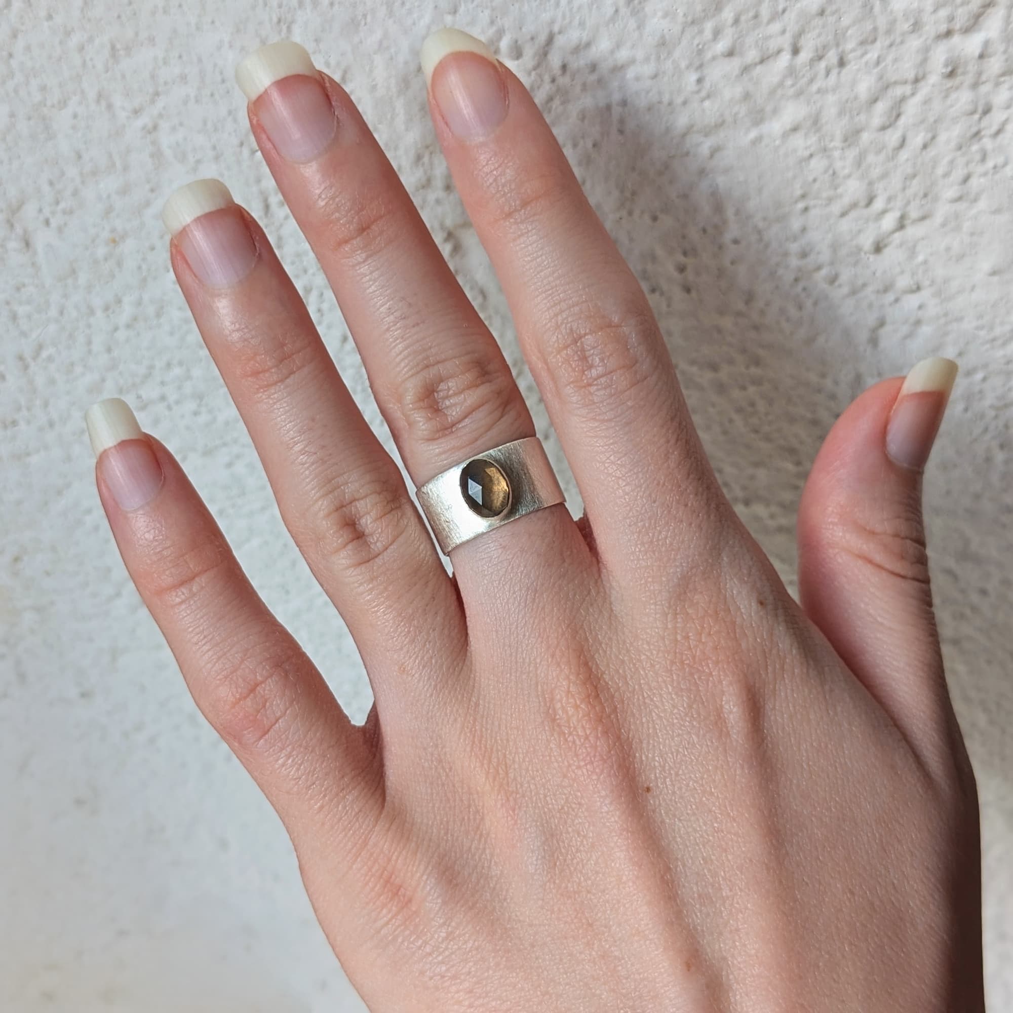 Handcrafted wide band Quartz bezel ring in 14k gold or silver